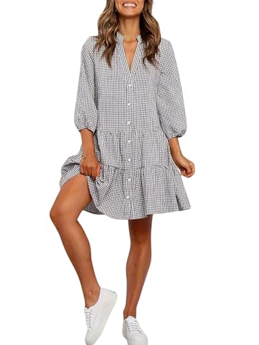 utcoco Women's 2026 Spring Summer Plaid Shirt Dress 3/4 Puff Sleeve Button Down Loose Casual Midi Dress with Pockets (Large, Black) - Image 1