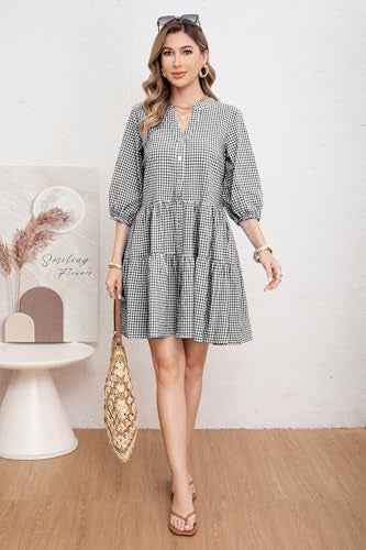 utcoco Women's 2026 Spring Summer Plaid Shirt Dress 3/4 Puff Sleeve Button Down Loose Casual Midi Dress with Pockets (Large, Black) - Image 3