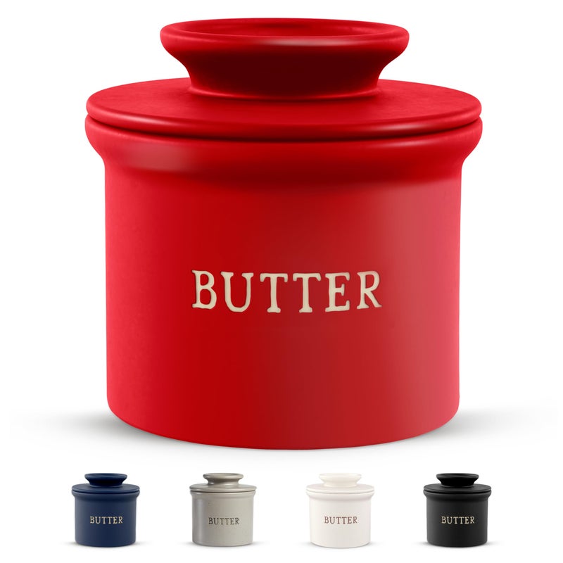 Kook Butter Crock with Lid Soft Spreadable Butter Ceramic French Butter Keeper to Leave On Counter with Water Line Butter Dish Home and Kitchen Decor Perfect for Christmas Gift Matte Red