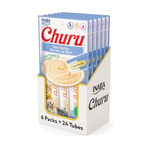 INABA Churu Cat Treats, Grain-Free, Lickable, Squeezable Creamy Purée Cat Treat/Topper with Vitamin E & Taurine, 0.5 Ounces Each Tube, 24 Tubes (4 per Pack), Tuna Recipe - Image 1