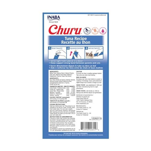 INABA Churu Cat Treats, Grain-Free, Lickable, Squeezable Creamy Purée Cat Treat/Topper with Vitamin E & Taurine, 0.5 Ounces Each Tube, 24 Tubes (4 per Pack), Tuna Recipe - Image 2