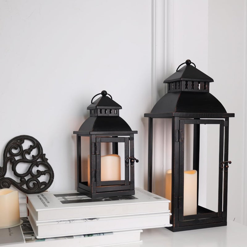 DECORKEY Decorative Led Lanterns For Outdoor And Indoor, Set Of 2 (17" And 11"), Black Metal Large Lantern Decoration, Candle Holder For Balcony, Patio, Garden, Balcony, Home - Image 1