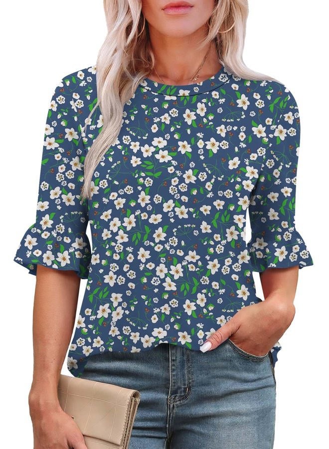 Rapbin summer 3/4 Length Sleeve tops for women 2024 trendy Tunics or Tops to Wear with Leggings Dark Blue Flower Print Blouses, M - Image 1