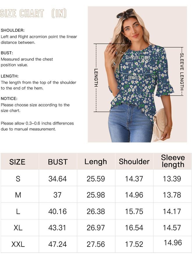 Rapbin summer 3/4 Length Sleeve tops for women 2024 trendy Tunics or Tops to Wear with Leggings Dark Blue Flower Print Blouses, M - Image 5