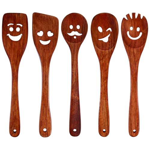 HANSGO 5PCS Wooden Cooking Spoons Funny Wooden Utensil Set Wood Spatulas with Smile Faces Cute Kitchen Accessories Best Cooking Gifts for Housewarming Wedding Holidays