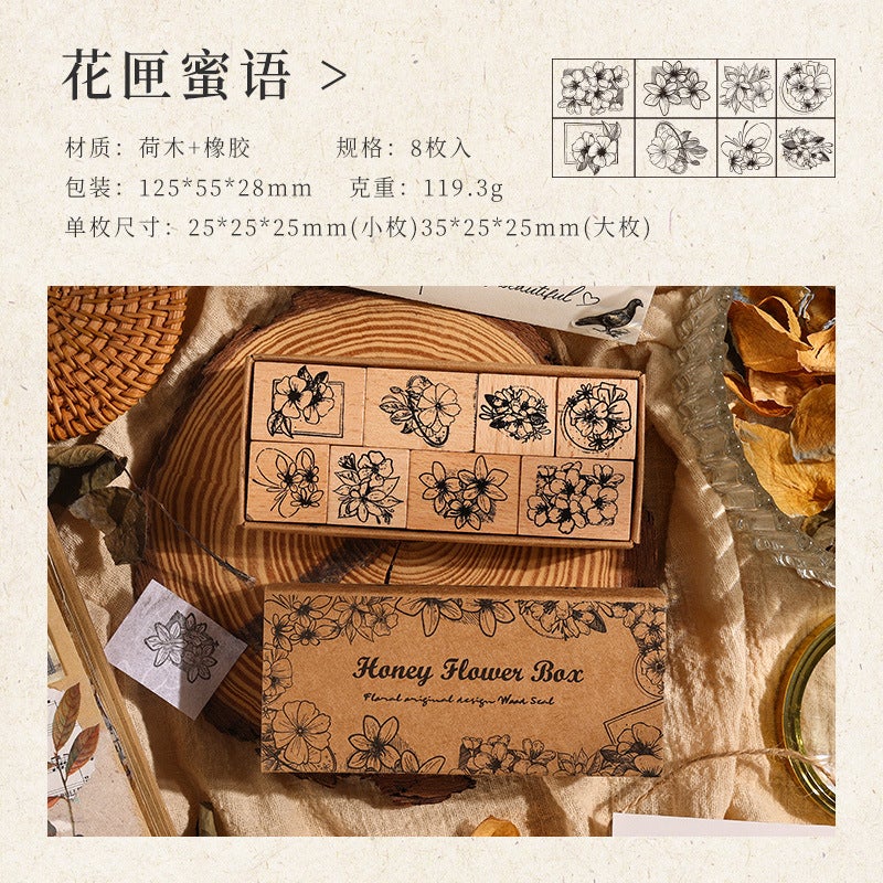 Generic Yuezhen Special Floral Language Wooden Handmade Stamp Retro Flower Wood Stamp Childrens Stamp Gift for Various Occasions Flower Box Honey suit -8 