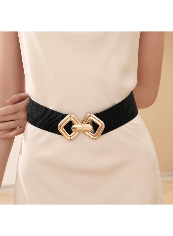 Women's Wide Elastic Waist Belt, Black Stretchy Cinch Belt with Gold Decorative Buckle, 67cm, 2 Pack - Image 5