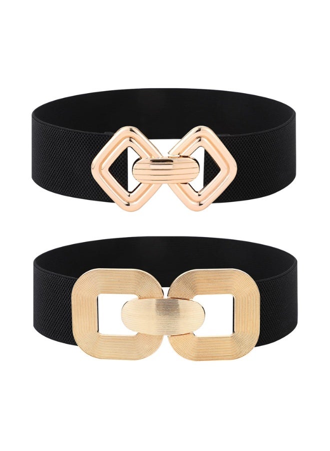 Women's Wide Elastic Waist Belt, Black Stretchy Cinch Belt with Gold Decorative Buckle, 67cm, 2 Pack - Image 1