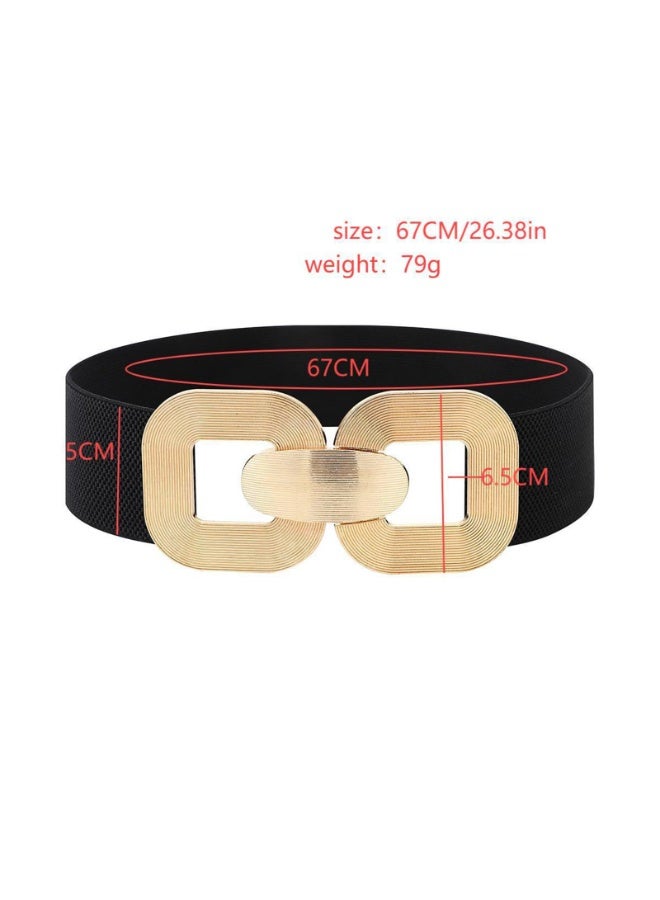 Women's Wide Elastic Waist Belt, Black Stretchy Cinch Belt with Gold Decorative Buckle, 67cm, 2 Pack - Image 2