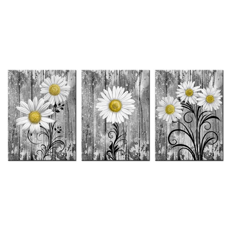 iHAPPYWALL 3 Pieces Bathroom Wall Art Yellow Grey Daisy Flowers Vintage Grey Floral Picture Print for Rustic Bath Bedroom Kitchen Home Decor Ready to Hang 12x16inchx3pcs