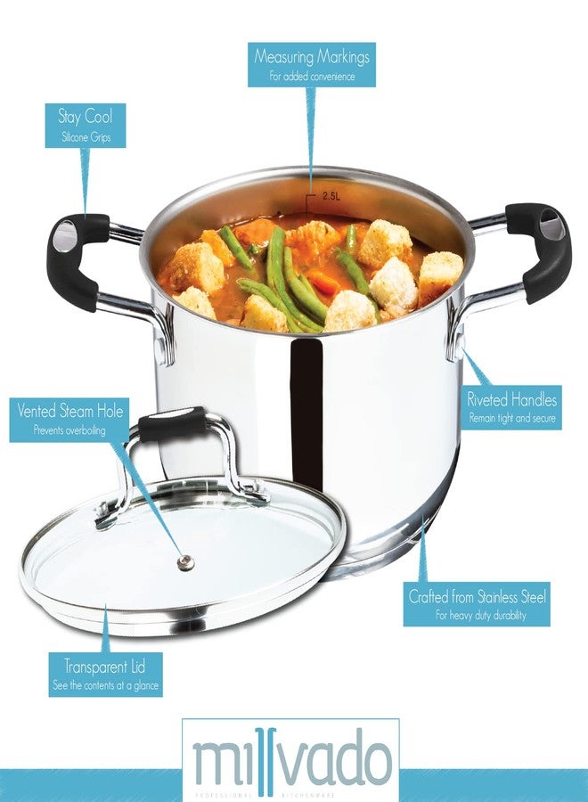 Millvado Stock Pot, 3 Quart Stainless Steel, StockPot With Clear Glass Lid, Steam Hole, Permanent Measurement Markings, Gas, Electric and Induction Compatible Boiling Pot - Image 2