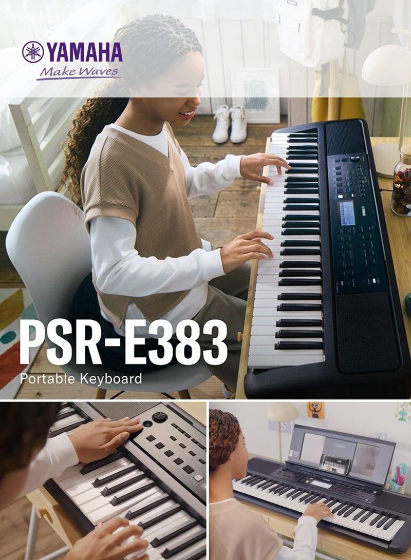 ياماها لوحة مفاتيح موسيقية ياماها PSR-E383 تعليمية 61 مفتاح بحساسية لمس و650 نغمة مع خصائص تعليم ذكية مع محول الطاقة - Image 3