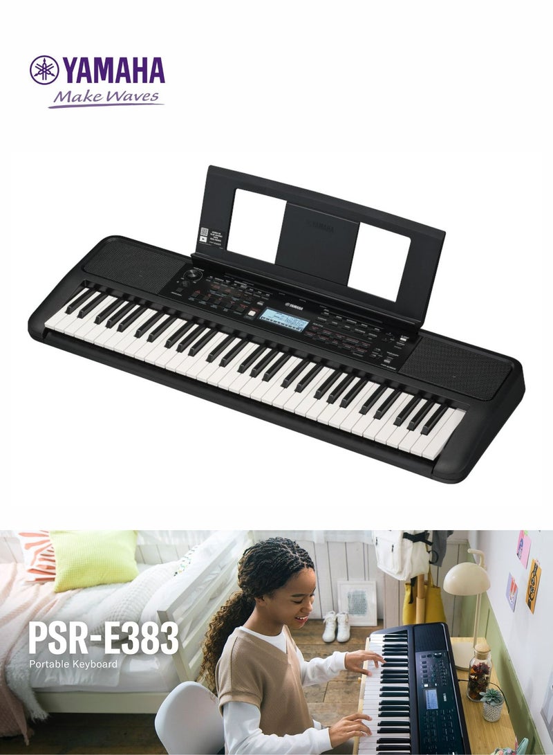 ياماها لوحة مفاتيح موسيقية ياماها PSR-E383 تعليمية 61 مفتاح بحساسية لمس و650 نغمة مع خصائص تعليم ذكية مع محول الطاقة - Image 1