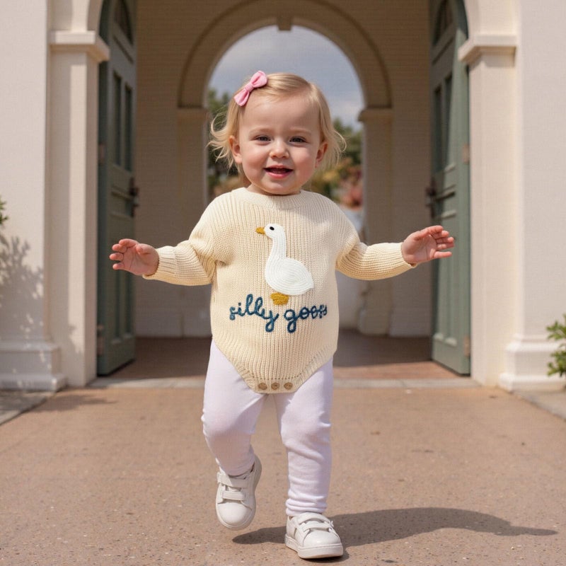 Lenjindjer Baby Girl Boy Fall Winter Outfit Long Sleeve Silly Goose Embroidery Knit Sweater Bubble Romper Newborn Clothes (Ivory, 12-18 Months) - Image 2