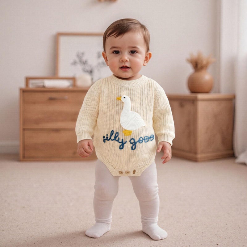 Lenjindjer Baby Girl Boy Fall Winter Outfit Long Sleeve Silly Goose Embroidery Knit Sweater Bubble Romper Newborn Clothes (Ivory, 12-18 Months) - Image 3
