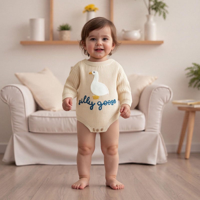 Lenjindjer Baby Girl Boy Fall Winter Outfit Long Sleeve Silly Goose Embroidery Knit Sweater Bubble Romper Newborn Clothes (Ivory, 12-18 Months) - Image 4