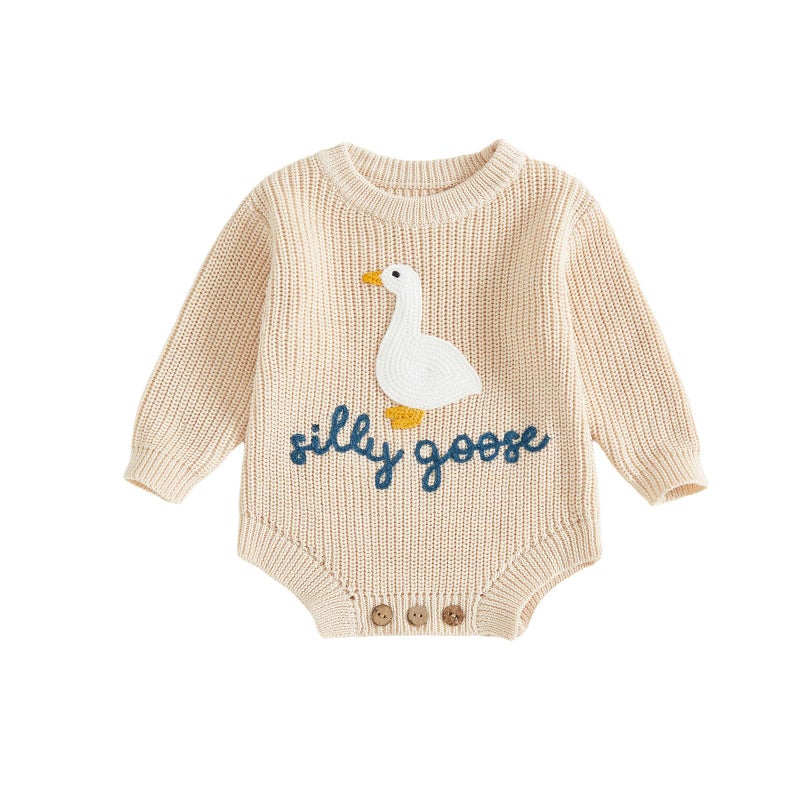 Lenjindjer Baby Girl Boy Fall Winter Outfit Long Sleeve Silly Goose Embroidery Knit Sweater Bubble Romper Newborn Clothes (Ivory, 12-18 Months) - Image 1