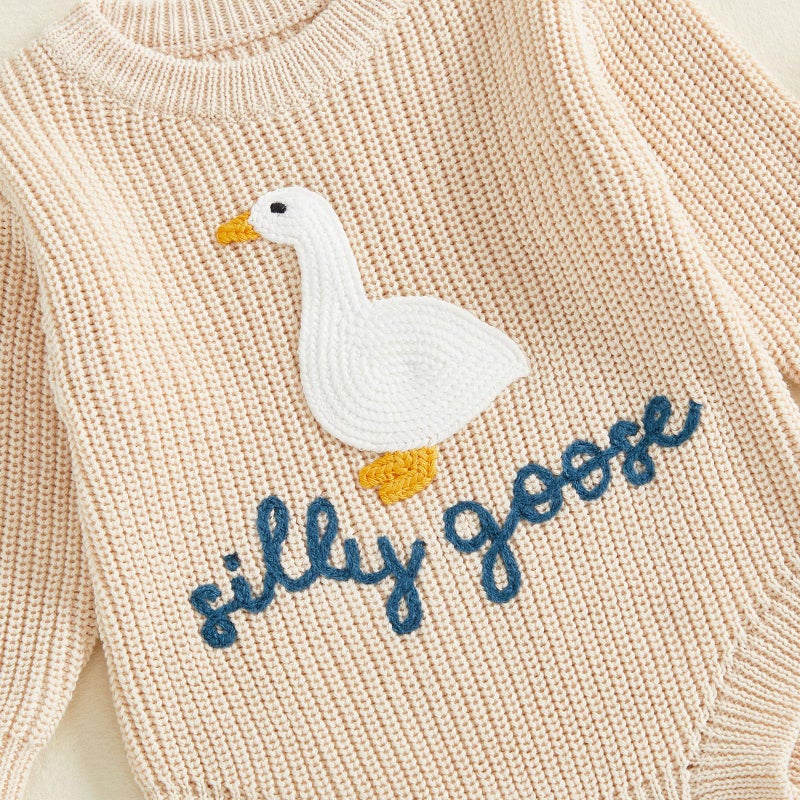 Lenjindjer Baby Girl Boy Fall Winter Outfit Long Sleeve Silly Goose Embroidery Knit Sweater Bubble Romper Newborn Clothes (Ivory, 12-18 Months) - Image 5