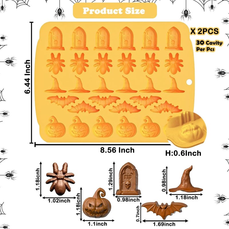 ROMINVIC Halloween Chocolate Mold Silicone,30 Cavity Candy Gummy Mold with Pumpkin Wizard Hat Bat Spider Tombstone for Baking Chocolate Jelly Gummy Dessert - Image 2