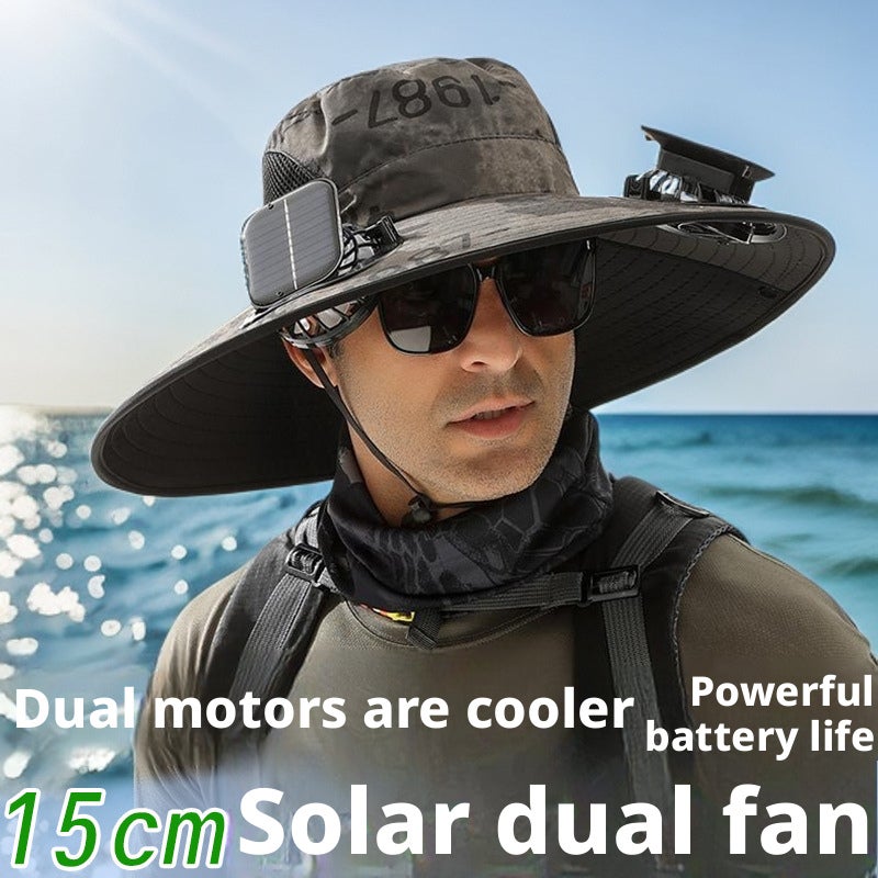 Solar Fan Hat with 3 Fans for Outdoor Fishing Sun Protection Bucket Hat - Image 1