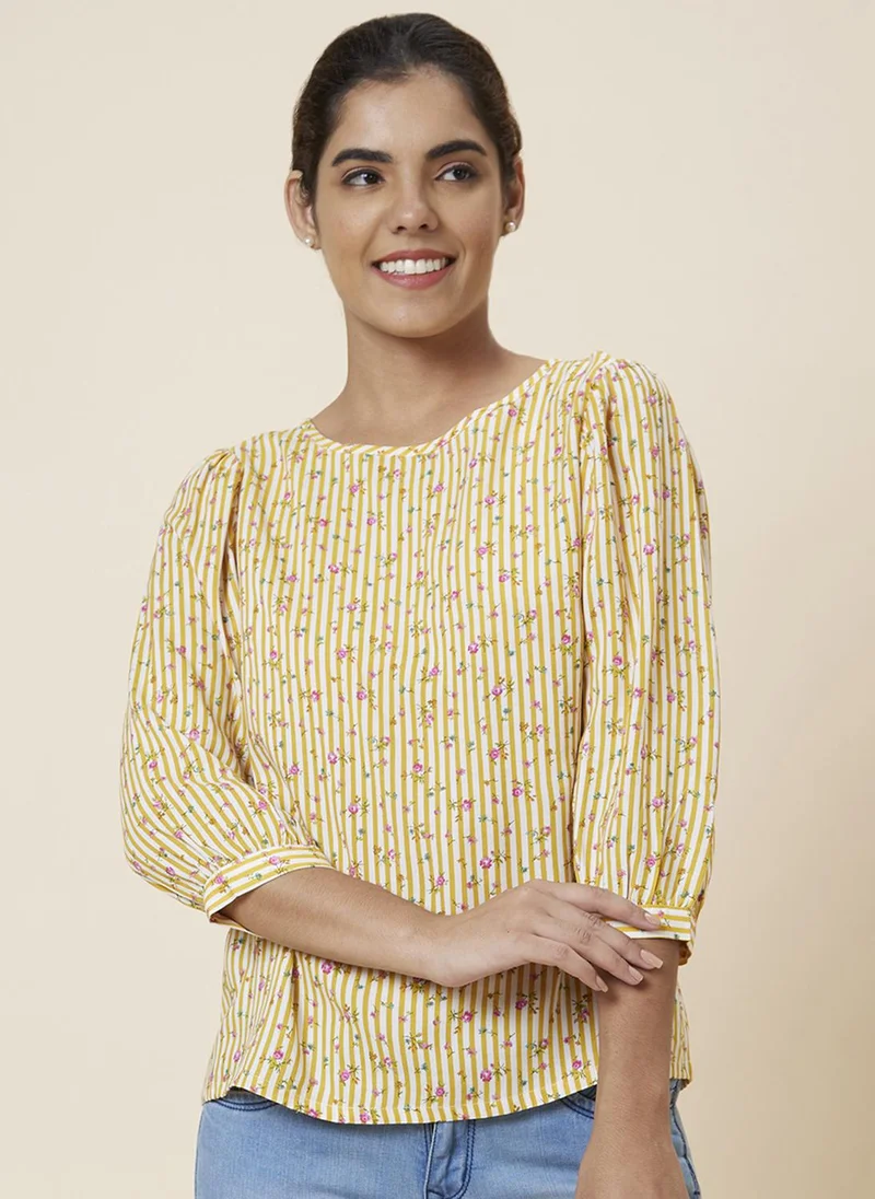 globus Globus Women Yellow & White Floral Printed Puff Sleeves Top
