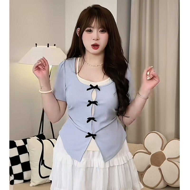 Square-neck T-shirt, large size (150 pounds), contrasting bow, tight, short-sleeved, suitable for summer tops for women, puff-sleeved chiffon shirt, elephant shirt (blue and white, XL size)