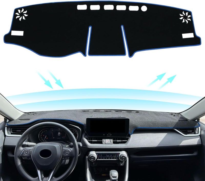 REMOCH إكسسوارات لسيارة Toyota Rav4 للأعوام 2025، 2024، 2023، 2022، 2021، 2020، 2019: غطاء لوحة القيادة، وسادة لوحة القيادة، غطاء لوحة التحكم الوسطى، واقي للحاجز الشمسي، وسادة RAV 4 (مزودة بحواف زرقاء). - Image 1