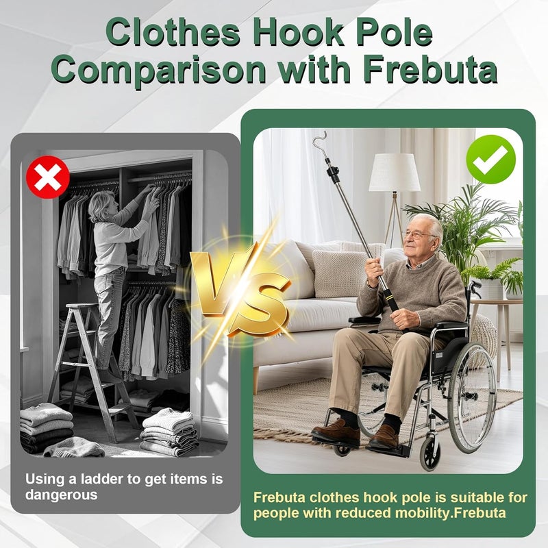 Frebuta Heavy Duty Clothes Hook Rod Telescopic 36" to 65" Stainless Steel Painted Silver Closet - Image 5