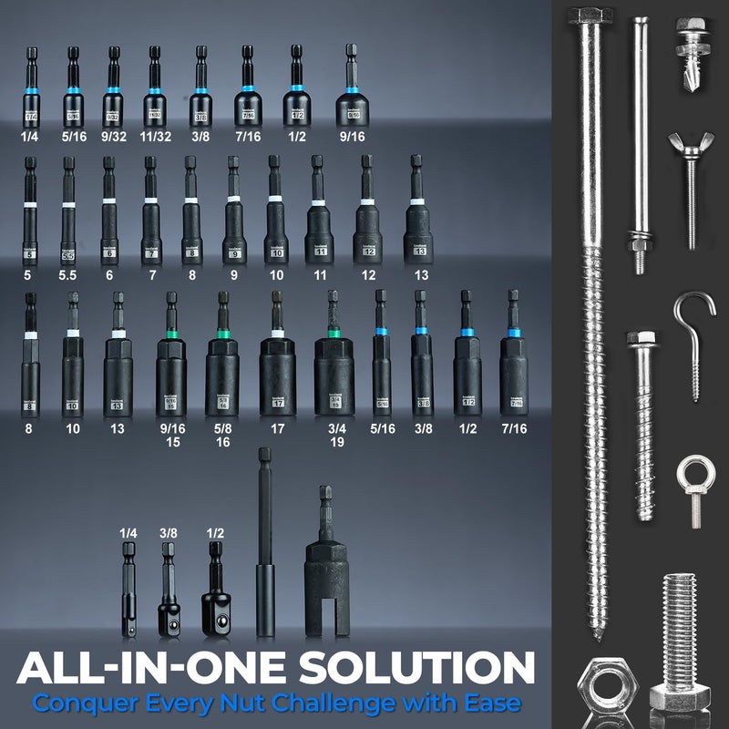 toolant Magnetic Impact Nut Driver Set, 34pcs Impact Driver Bit Set, Deep Nut Driver Set, Impact Socket Adapters, Wing Nut Driver, Bit Extension, 1/4'' Quick Change - Image 2