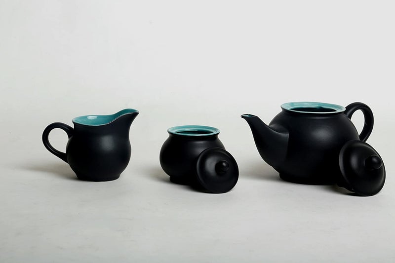 Caffeine Ceramic Handmade Stoneware Royal Black See Green Tea Set Set of 15 pcs Microwave Dishwasher Safe Tea Set - Image 2