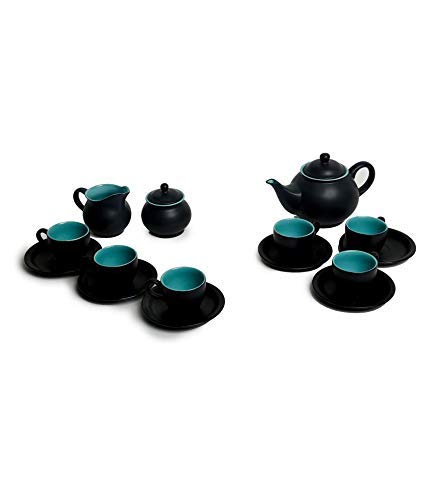 Caffeine Ceramic Handmade Stoneware Royal Black See Green Tea Set Set of 15 pcs Microwave Dishwasher Safe Tea Set - Image 1