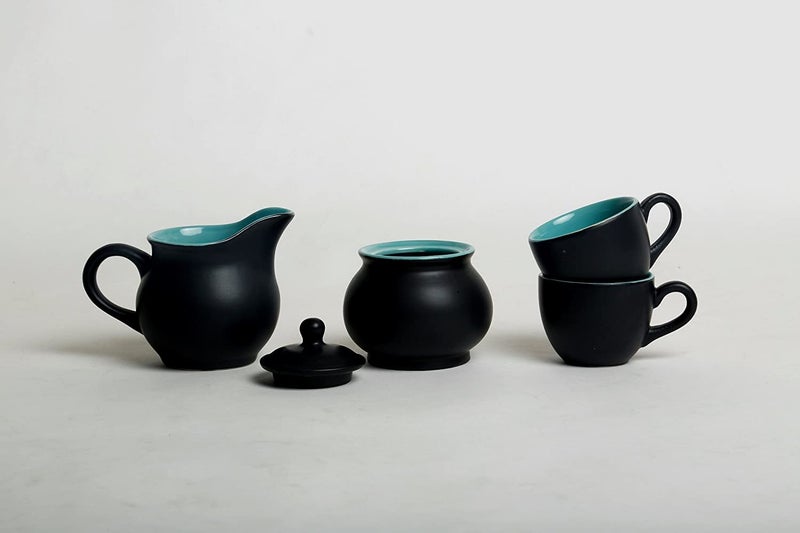Caffeine Ceramic Handmade Stoneware Royal Black See Green Tea Set Set of 15 pcs Microwave Dishwasher Safe Tea Set - Image 3