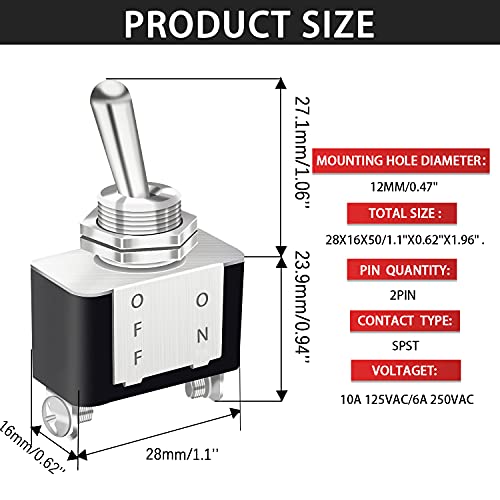 mankk 2PCS 12V Heavy Duty Rocker Toggle Switch 10A/125V SPST ON/Off 2Pin with Red Aircraft Safety Cover for Auto Car Marine Boat KN3A-101A-RMZ - Image 2