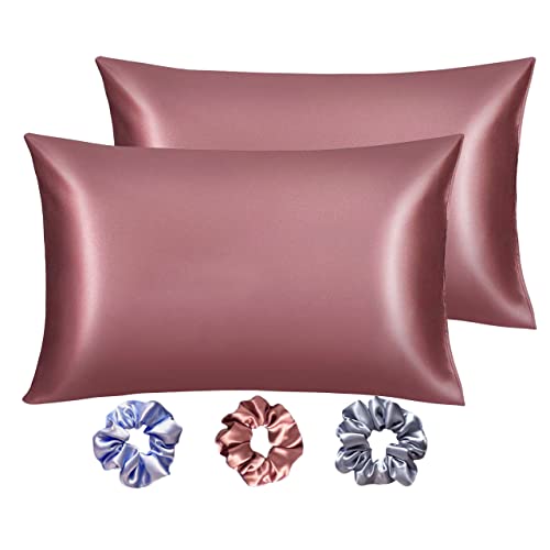 Silvr Bear Luxury Solid Satin Pillow Covers + 3 Scrunchies | Aesthetic Pillowcase-Standard - 18 X 27 Inches | Great For Hair And Skin | Combo Pack (Mauve, Luxe Satin), 250 TC, 5 Piece - Image 1