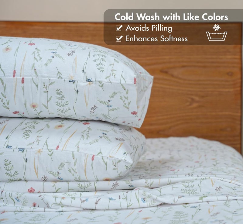 RUVANTI Flannel Sheets Queen Size - GOTS Certified 100% Organic Cotton, 4 Piece Warm, Soft & Breathable Set, Deep Pocket Snug Fit, Double Brushed Cozy All Season Bedding, Linen Blooms - Image 5