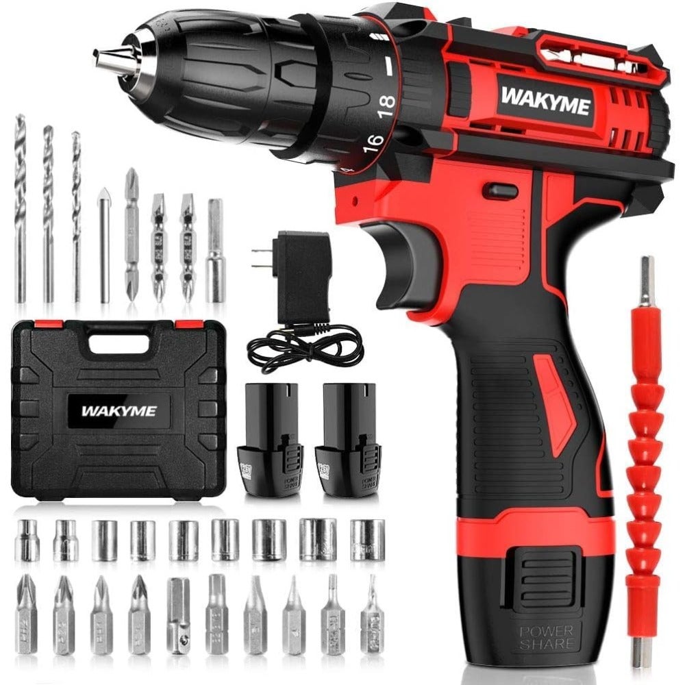 Cordless Drill Driver Kit with 2 Batteries, 12.6V Power Drill 30Nm 18+3 Clutch, 3/8" Keyless Chuck, Variable Speed and Built-in LED Electric Screw Driver for Drilling Wall, Bricks, Wood, Metal