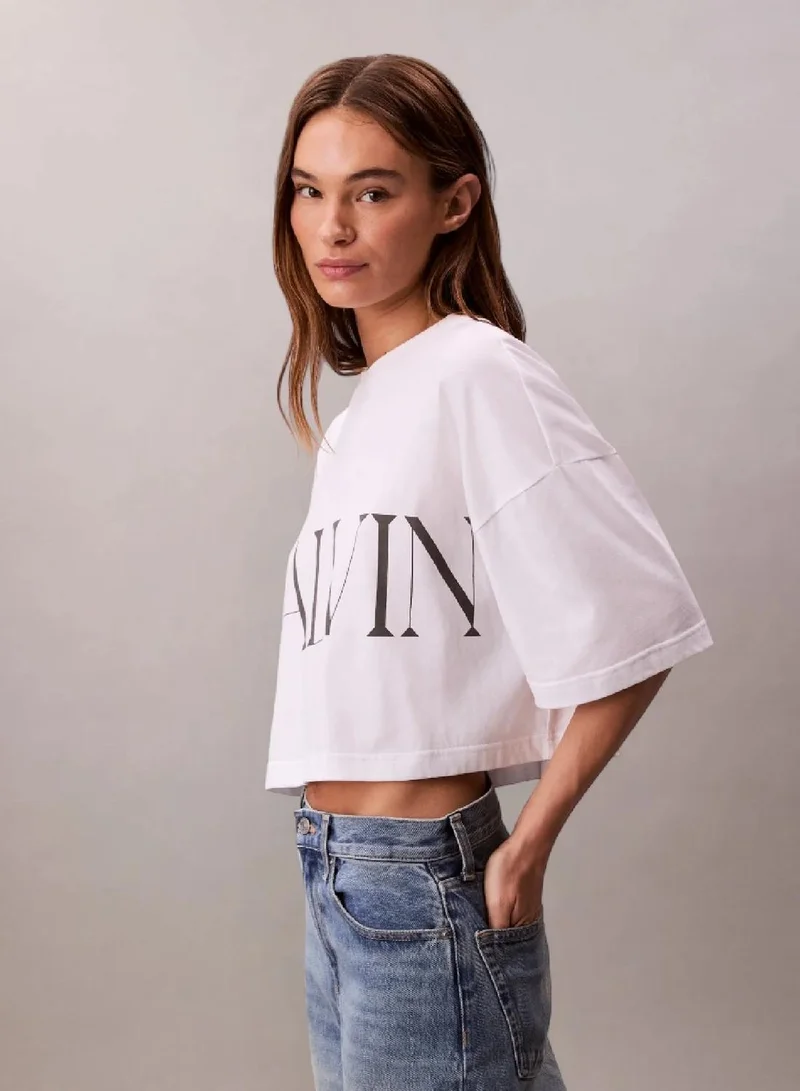 Calvin Klein Jeans Brilliant White Cropped Graphic Logo T-Shirt for Women | Best Price UAE