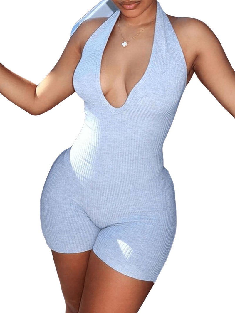 WDIRARA Women's Deep V Neck Sleeveless Halter Romper Lace Up Backless Skinny Knit Sexy Tank Jumpsuit Shorts Grey Medium - Image 1