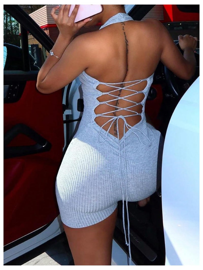 WDIRARA Women's Deep V Neck Sleeveless Halter Romper Lace Up Backless Skinny Knit Sexy Tank Jumpsuit Shorts Grey Medium - Image 2