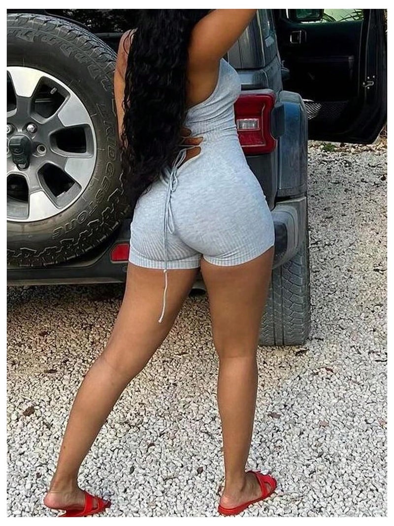 WDIRARA Women's Deep V Neck Sleeveless Halter Romper Lace Up Backless Skinny Knit Sexy Tank Jumpsuit Shorts Grey Medium - Image 3