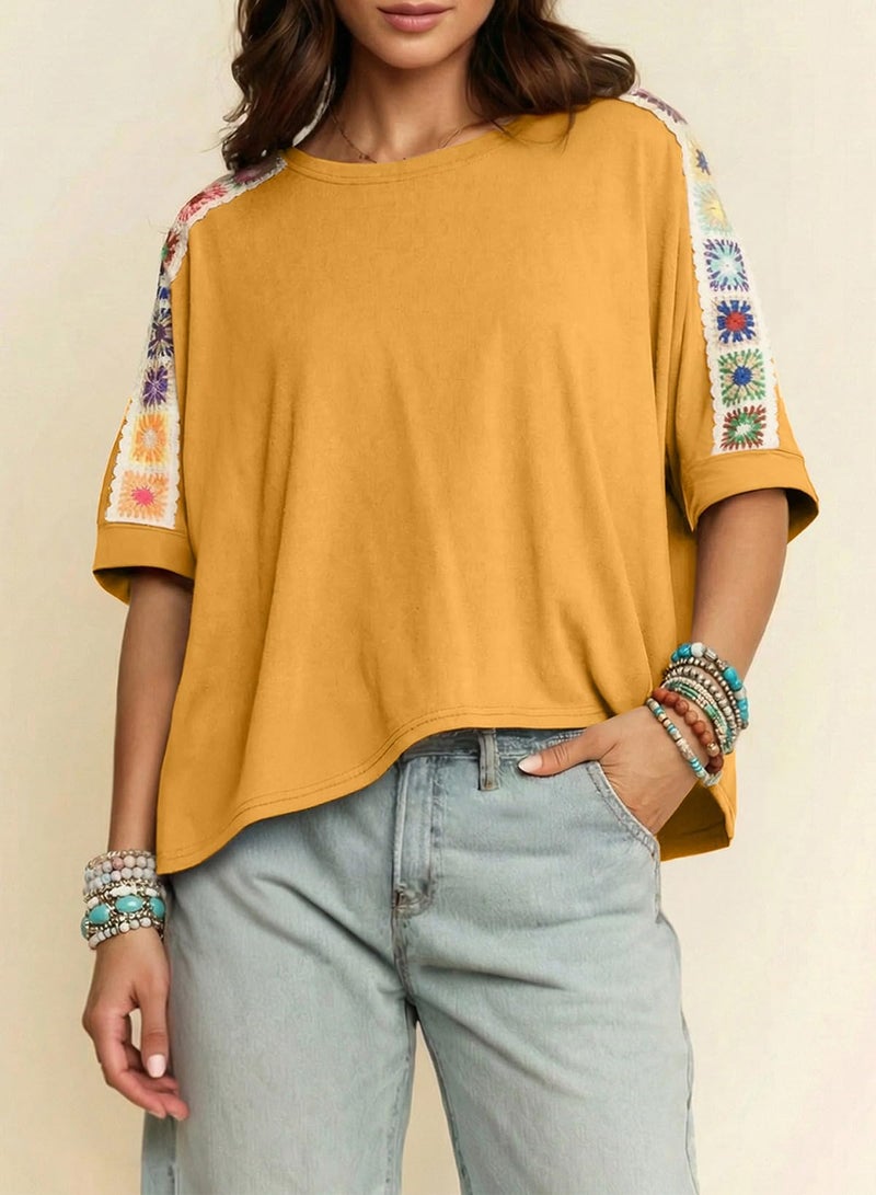 Dokotoo Boho Womens Summer Tops Short Sleeve Crewneck Color Block Shirts for Women 2026 Spring Fashion Clothing Plus Size Women Blouses Lace Ladies Tops Basic Tee Ginger - Image 2