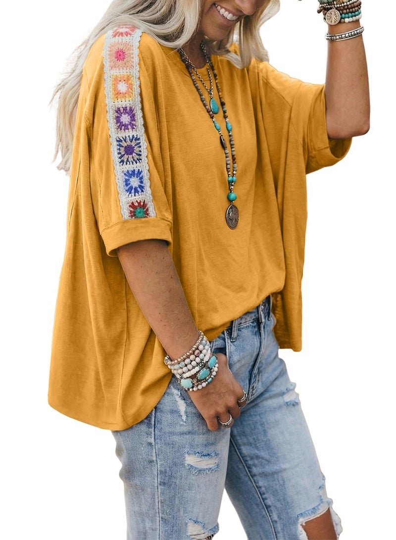 Dokotoo Boho Womens Summer Tops Short Sleeve Crewneck Color Block Shirts for Women 2026 Spring Fashion Clothing Plus Size Women Blouses Lace Ladies Tops Basic Tee Ginger - Image 1