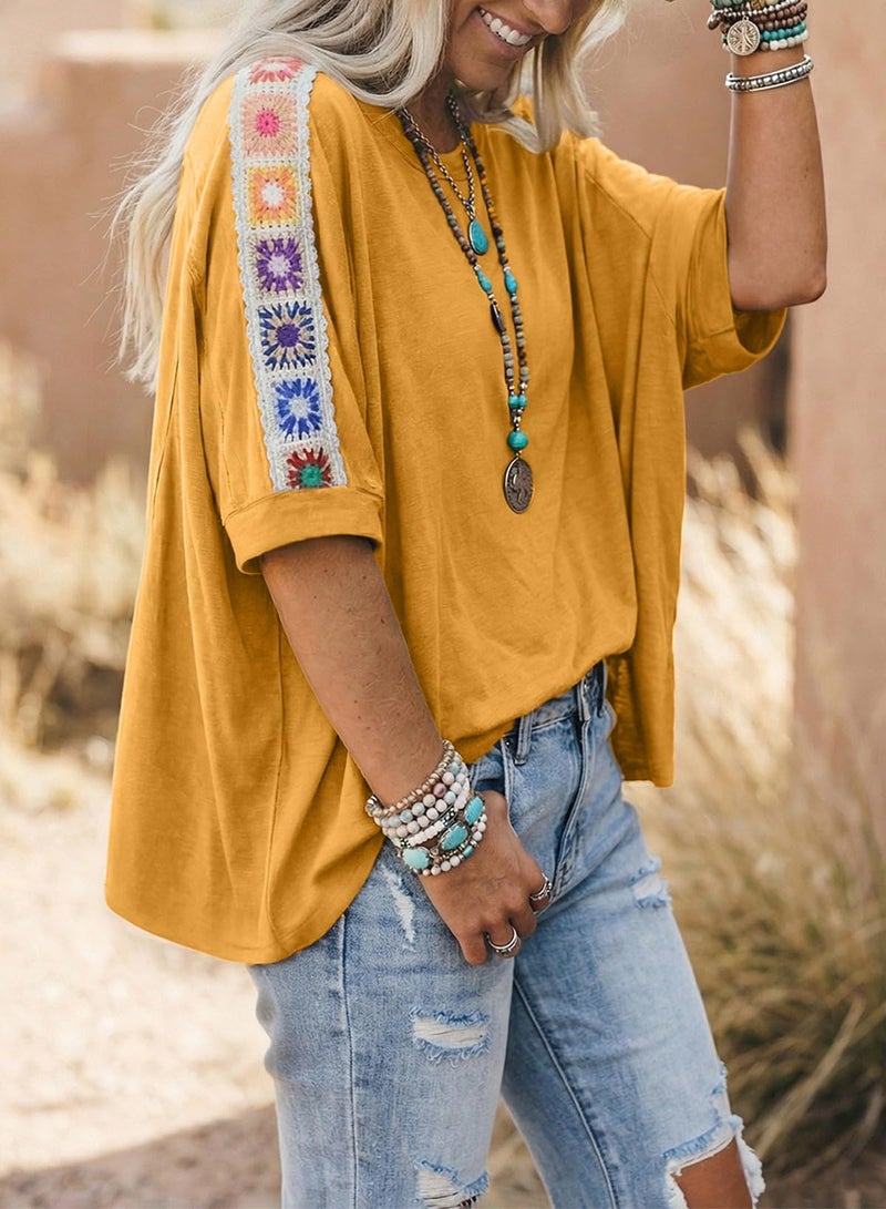 Dokotoo Boho Womens Summer Tops Short Sleeve Crewneck Color Block Shirts for Women 2026 Spring Fashion Clothing Plus Size Women Blouses Lace Ladies Tops Basic Tee Ginger - Image 3