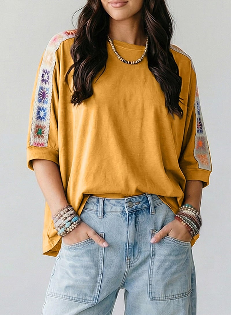 Dokotoo Boho Womens Summer Tops Short Sleeve Crewneck Color Block Shirts for Women 2026 Spring Fashion Clothing Plus Size Women Blouses Lace Ladies Tops Basic Tee Ginger - Image 4
