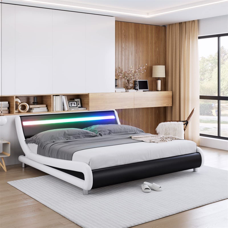 Keyluv Upholstered Queen LED Bed Frame with Headboard Modern Low Profile Platform Bed with Strong Slats Support Faux Leather WaveLike Bed Frame Easy Assembly No Box Spring Needed Blackwhite