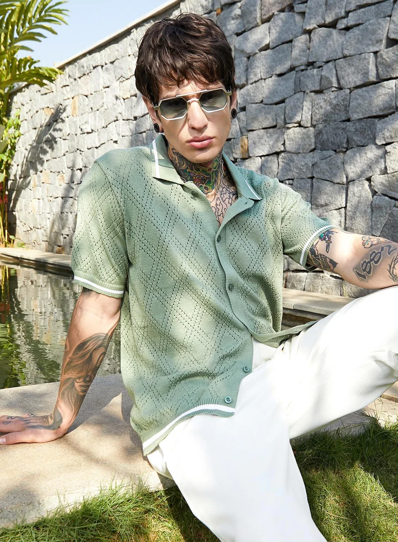 كامبوس سوترا قميص رجالي أخضر زيتوني من لوجينز مفتوح الحياكة