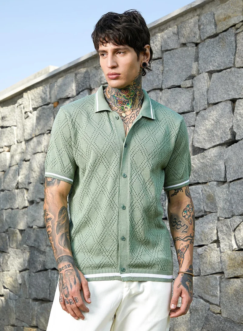 كامبوس سوترا قميص رجالي أخضر زيتوني من لوجينز مفتوح الحياكة