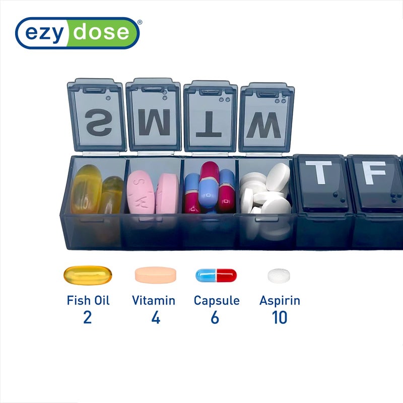 EZY DOSE Weekly (7-Day) Daily Pill Organizer, Vitamin Planner, Medicine Container, Case for Supplements and Fish Oils, Convenient and Easy to Use, Medium Compartments, Travel Friendly, Black, BPA Free - Image 3