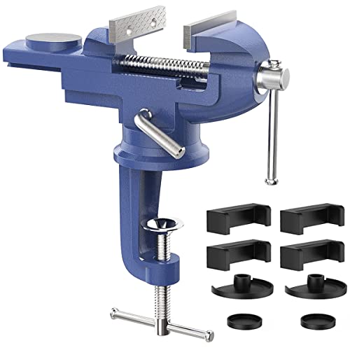 Housolution Universal Table Vise 3 Inch, 360°Swivel Base Bench Clamp Home Vise Clamp-On Vise Repair Tool Portable Work Bench Vise for Woodworking, Cutting Conduit, Drilling, Metalworking - Blue - Image 1