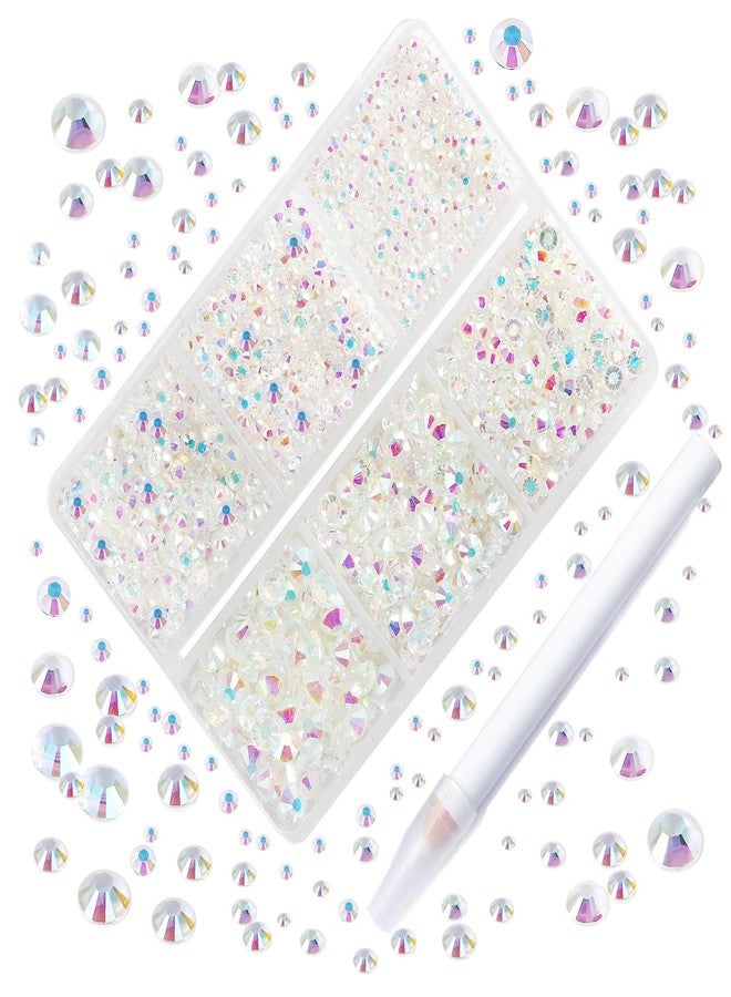 AD Beads 4300 Pieces Flat Back Nail Art Rhinestones Round Beads 6 Sizes (2-6.5mm) with Storage Organizer Box,Rhinestones Picking Pen for Nail Art Phone Decorations Crafts DIY (Transparent AB) - Image 1